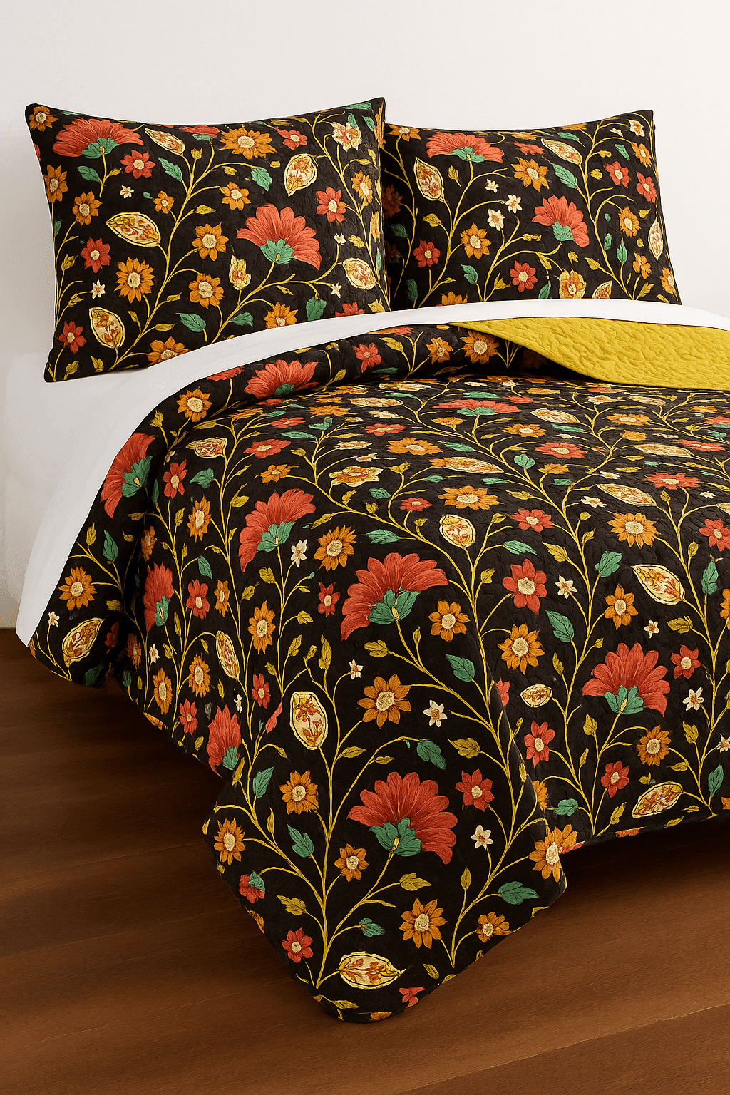 DaDa Bedding Marigold’s Floral Brown Yellow Botanical Garden Quilted Bedspread Set (HS-3330)-4