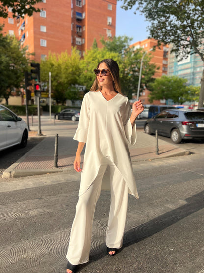 Conjunto túnica larga y pantalón en neocrepe crudo-0