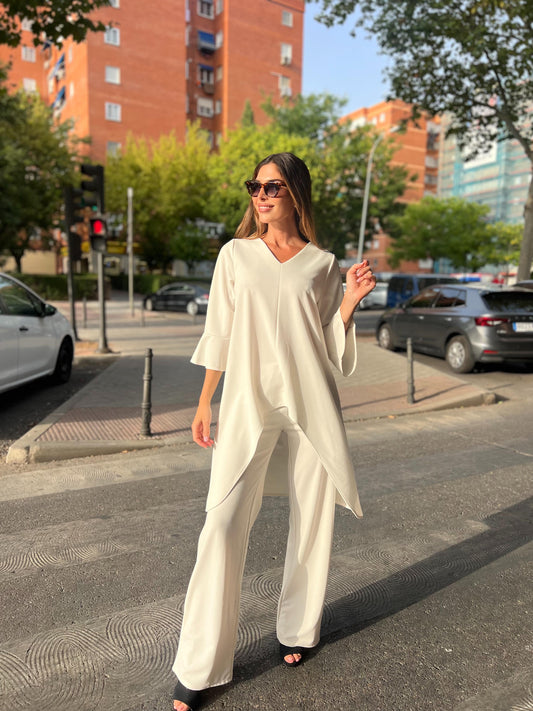 Conjunto túnica larga y pantalón en neocrepe crudo-0