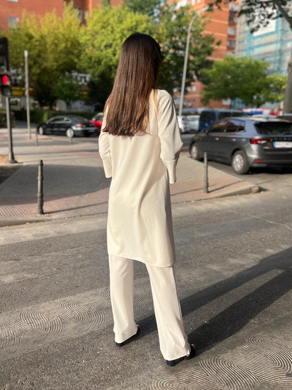 Conjunto túnica larga y pantalón en neocrepe crudo-2