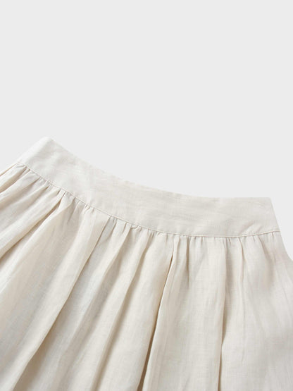 Gathered Waist Linen Skirt-Ecru-3