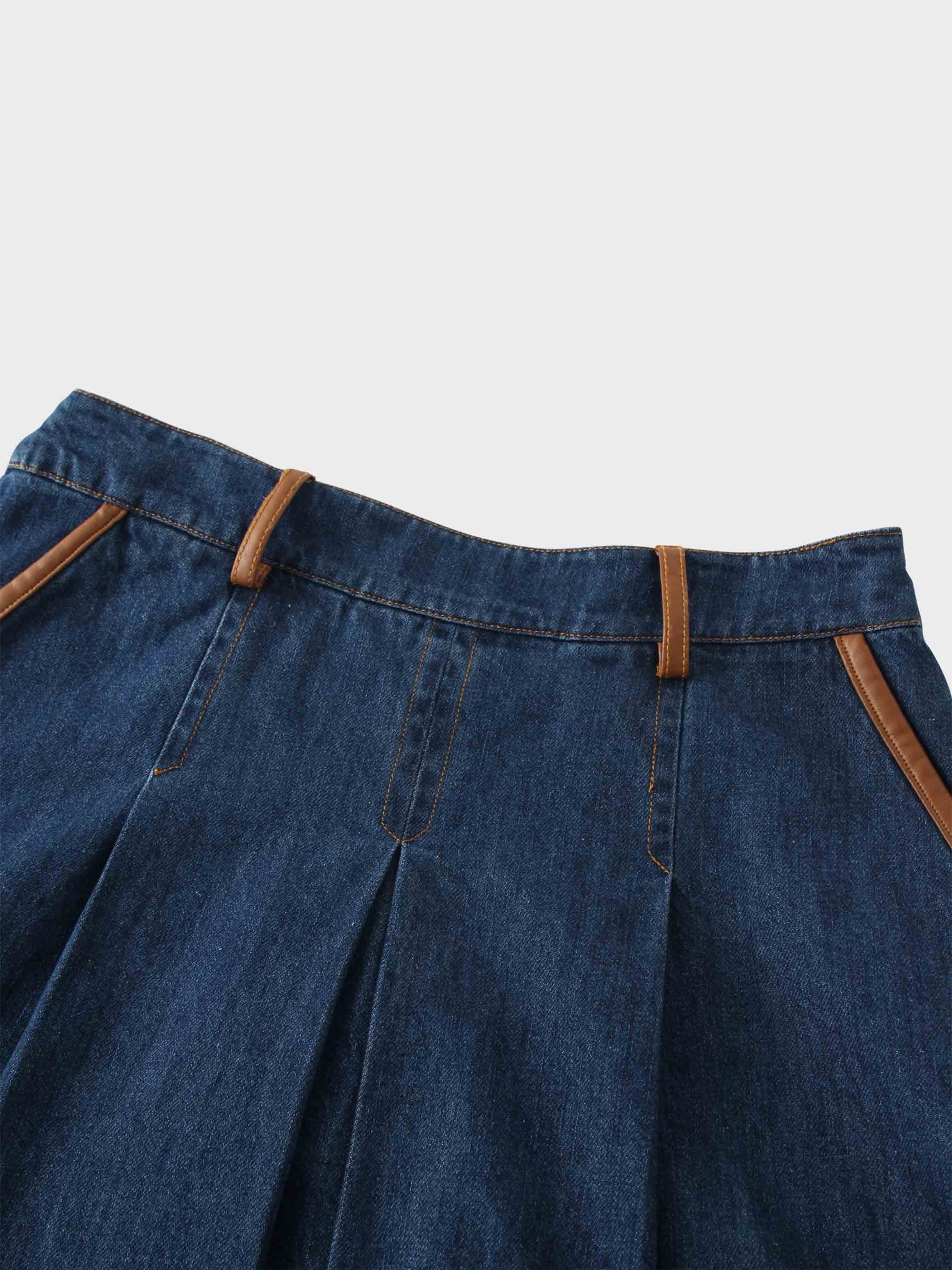 Leather Trim Denim Skirt-Blue-2