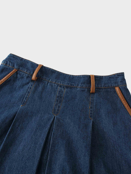 Leather Trim Denim Skirt-Blue-2