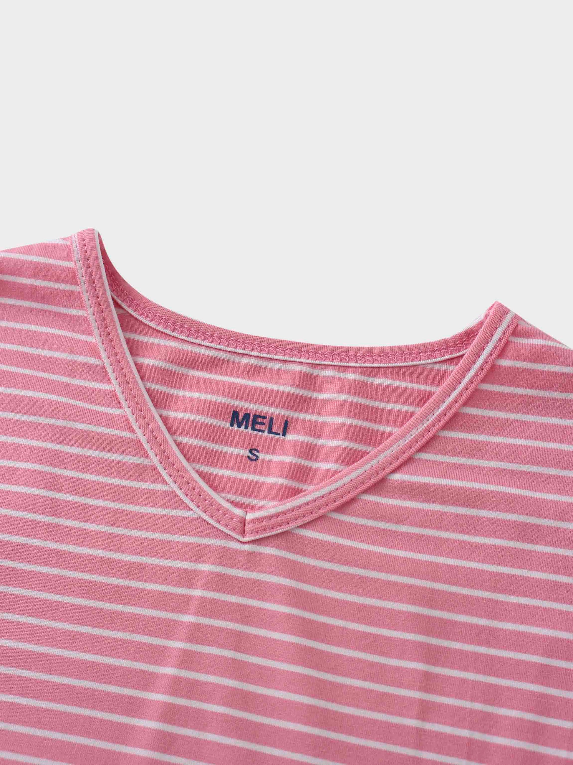 Flat Striped High V Long Sleeve-Pink/White-2