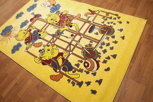 5'x7' Mustard Yellow, Blue, Red, Multi Color Indonesian High Density Hand Carved Effect Children Rug-0