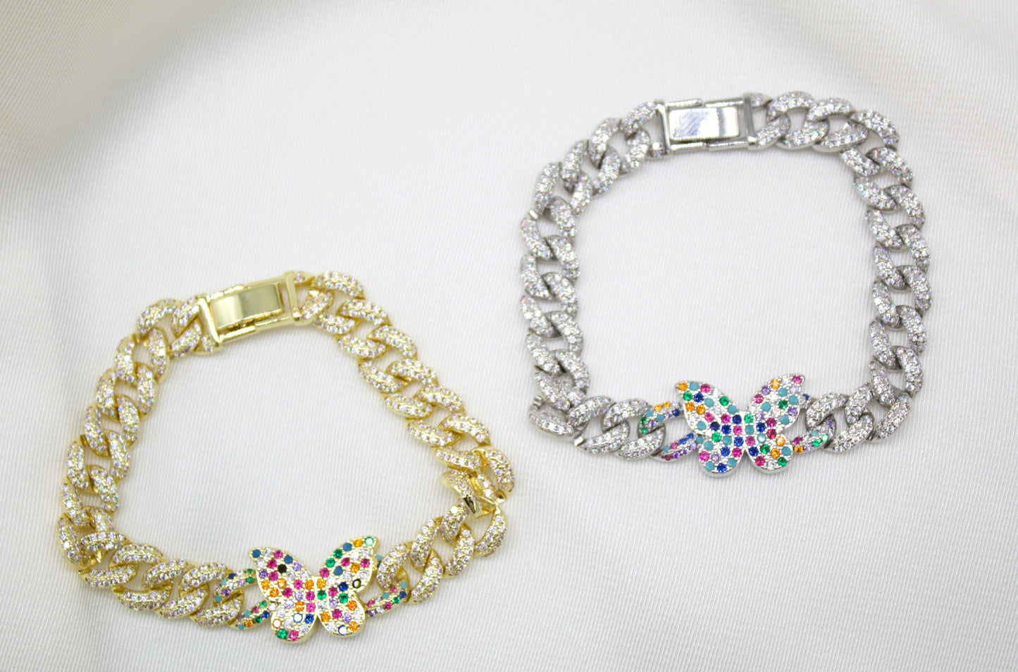 8mm Cuban Multi Color Micro Pave CZ Bracelet With Butterfly Charm (I20)-0