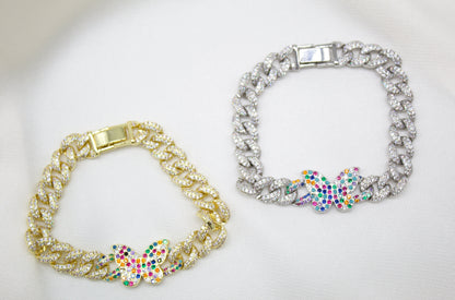 8mm Cuban Multi Color Micro Pave CZ Bracelet With Butterfly Charm (I20)-0