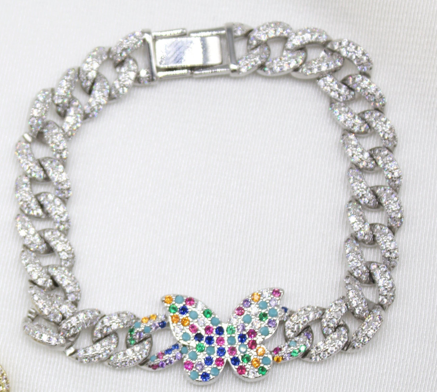 8mm Cuban Multi Color Micro Pave CZ Bracelet With Butterfly Charm (I20)-2