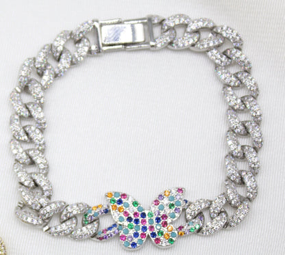 8mm Cuban Multi Color Micro Pave CZ Bracelet With Butterfly Charm (I20)-2