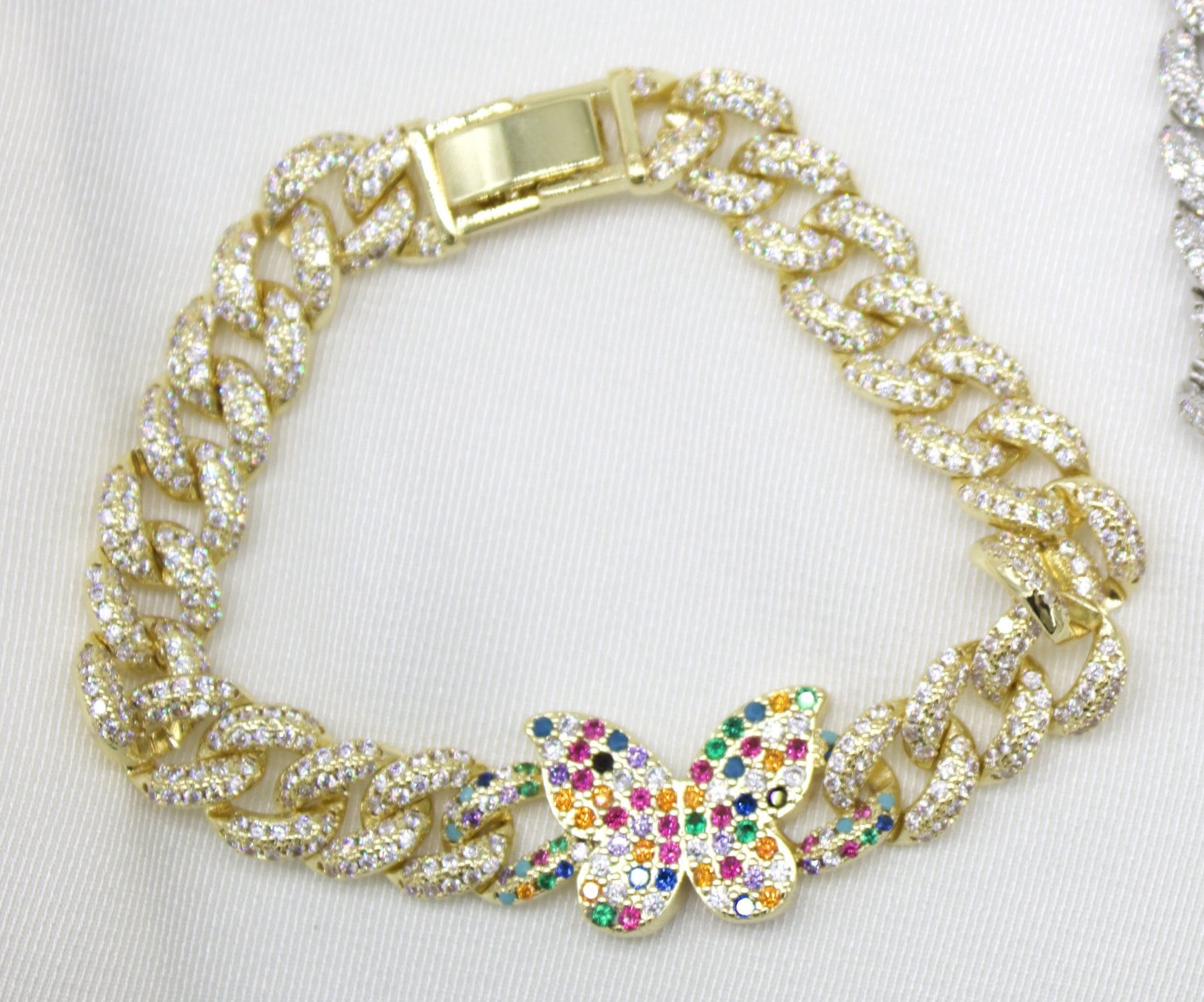 8mm Cuban Multi Color Micro Pave CZ Bracelet With Butterfly Charm (I20)-1