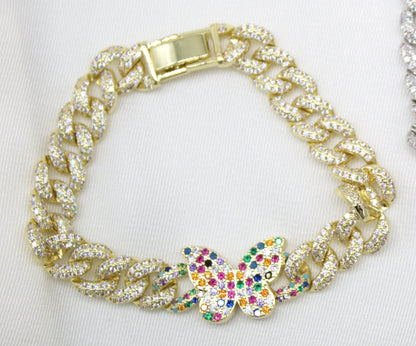 8mm Cuban Multi Color Micro Pave CZ Bracelet With Butterfly Charm (I20)-1