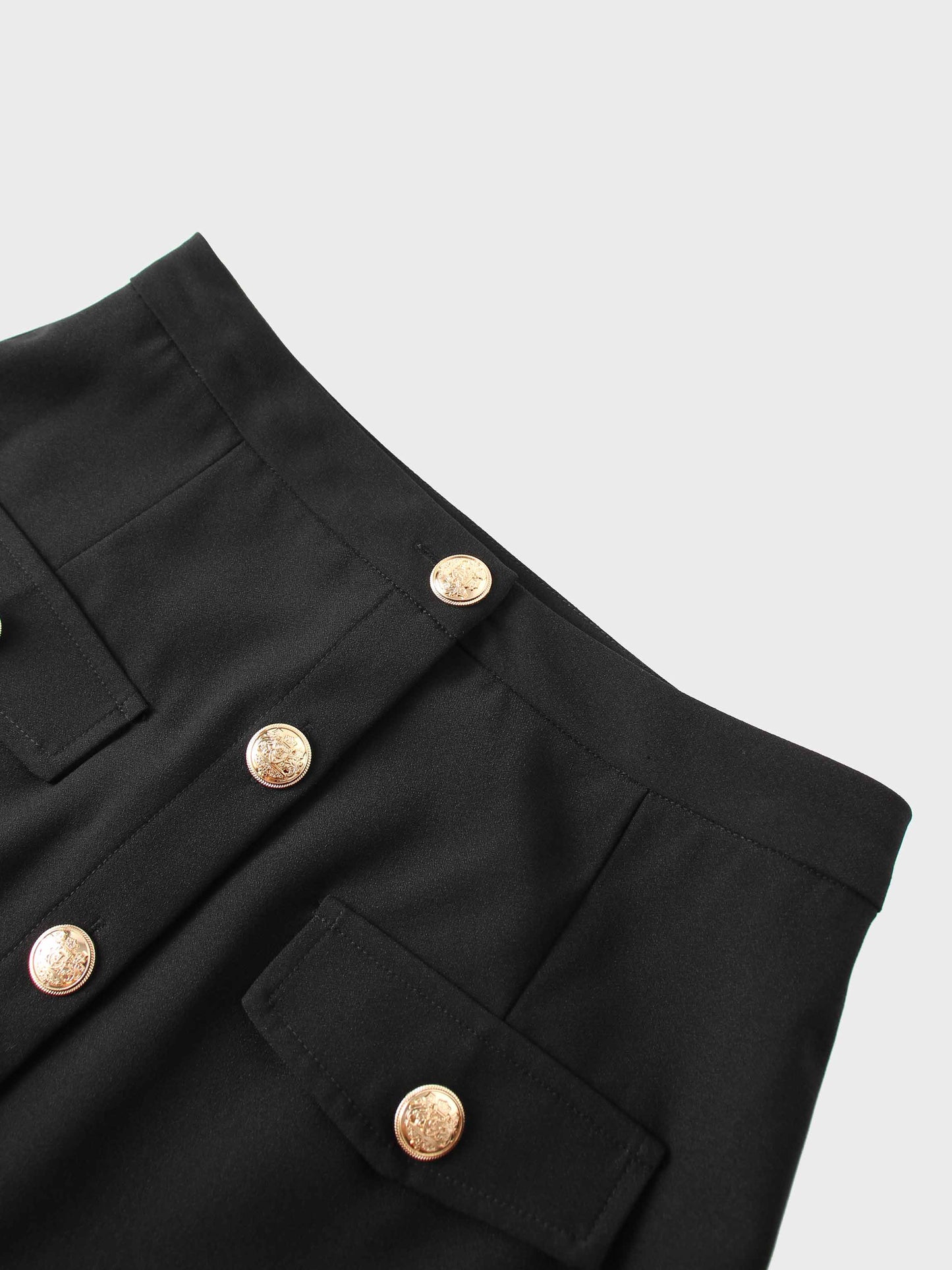Gold Button Straight Pocket Skirt-Black-3
