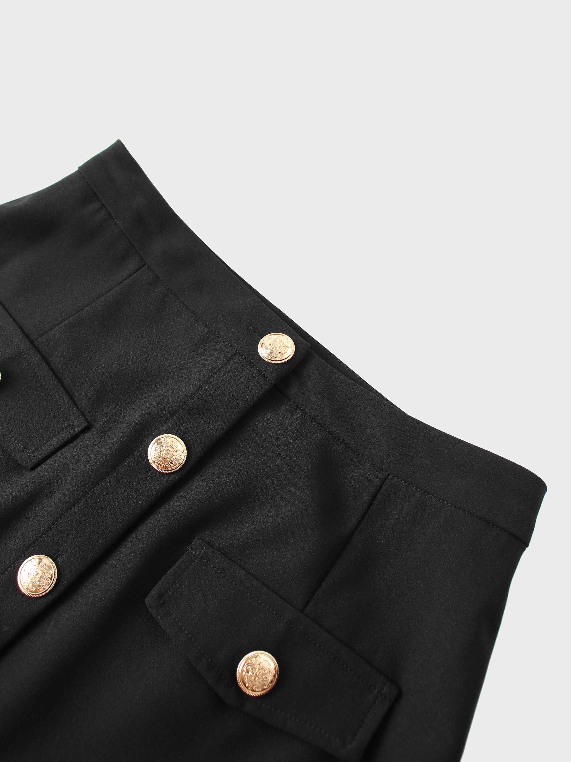 Gold Button Straight Pocket Skirt-Black-3