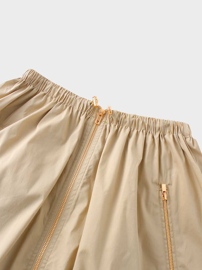 Front Zipper Cotton Circle Skirt-Tan-3