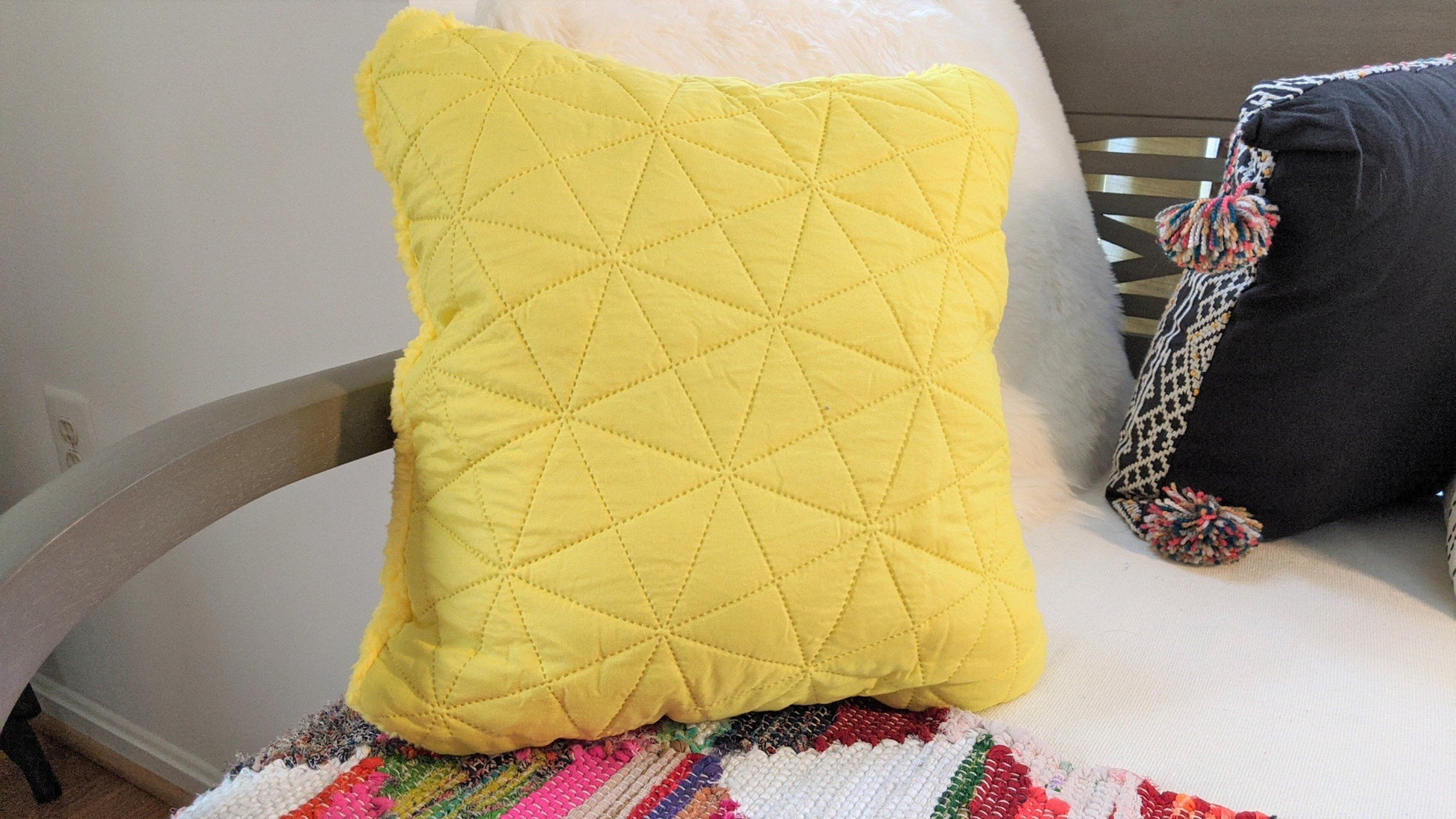 DaDa Bedding Hand-Made Tuscan Sun Yellow Sherpa Backside Quilted Throw Pillow - 18" x 18"-3