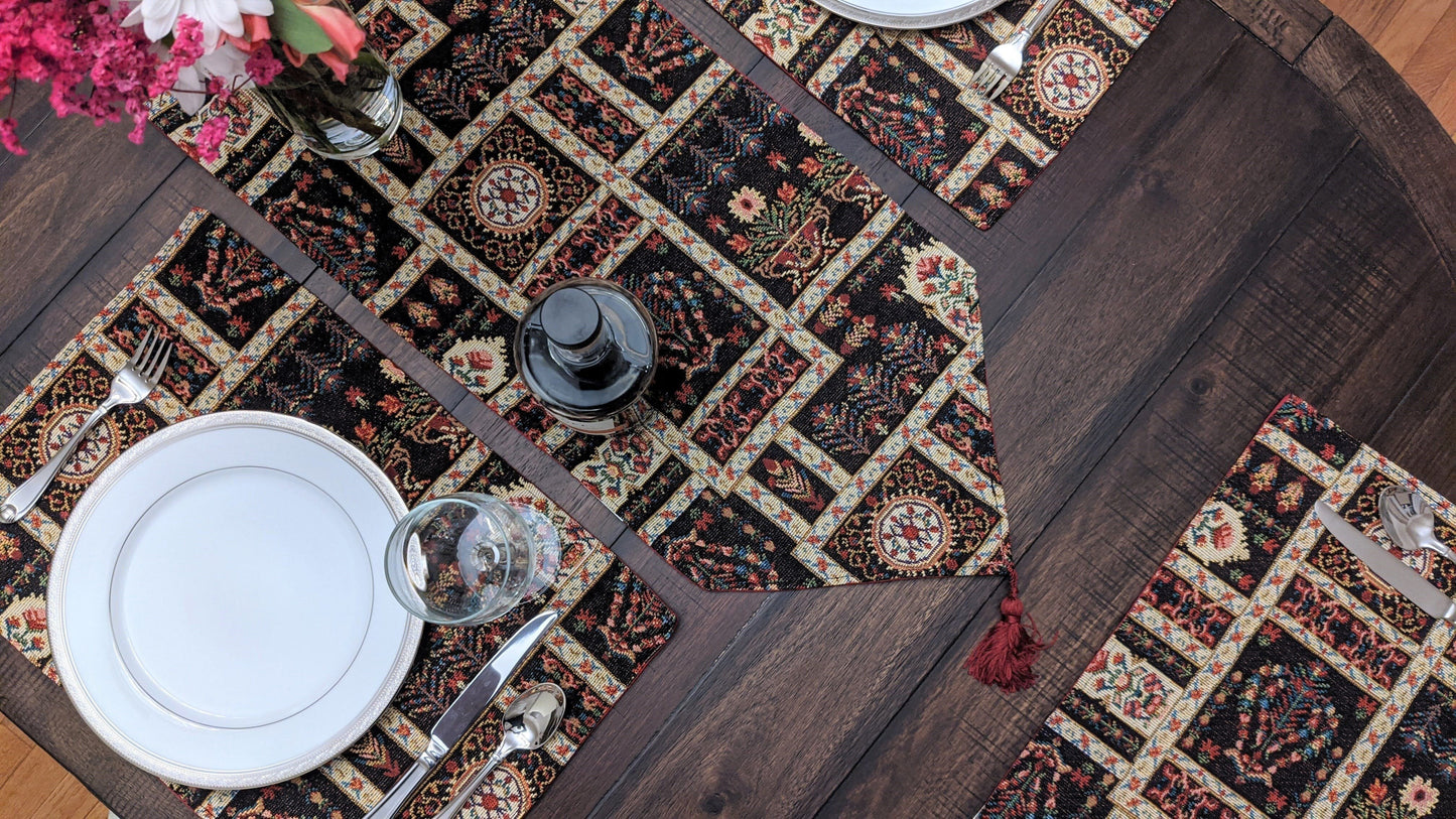 DaDalogy Bedding Elegant Woven Mughal Floral Tapestry Table Runner, Dark Noir Botanical Vintage Fleur (18197)-4