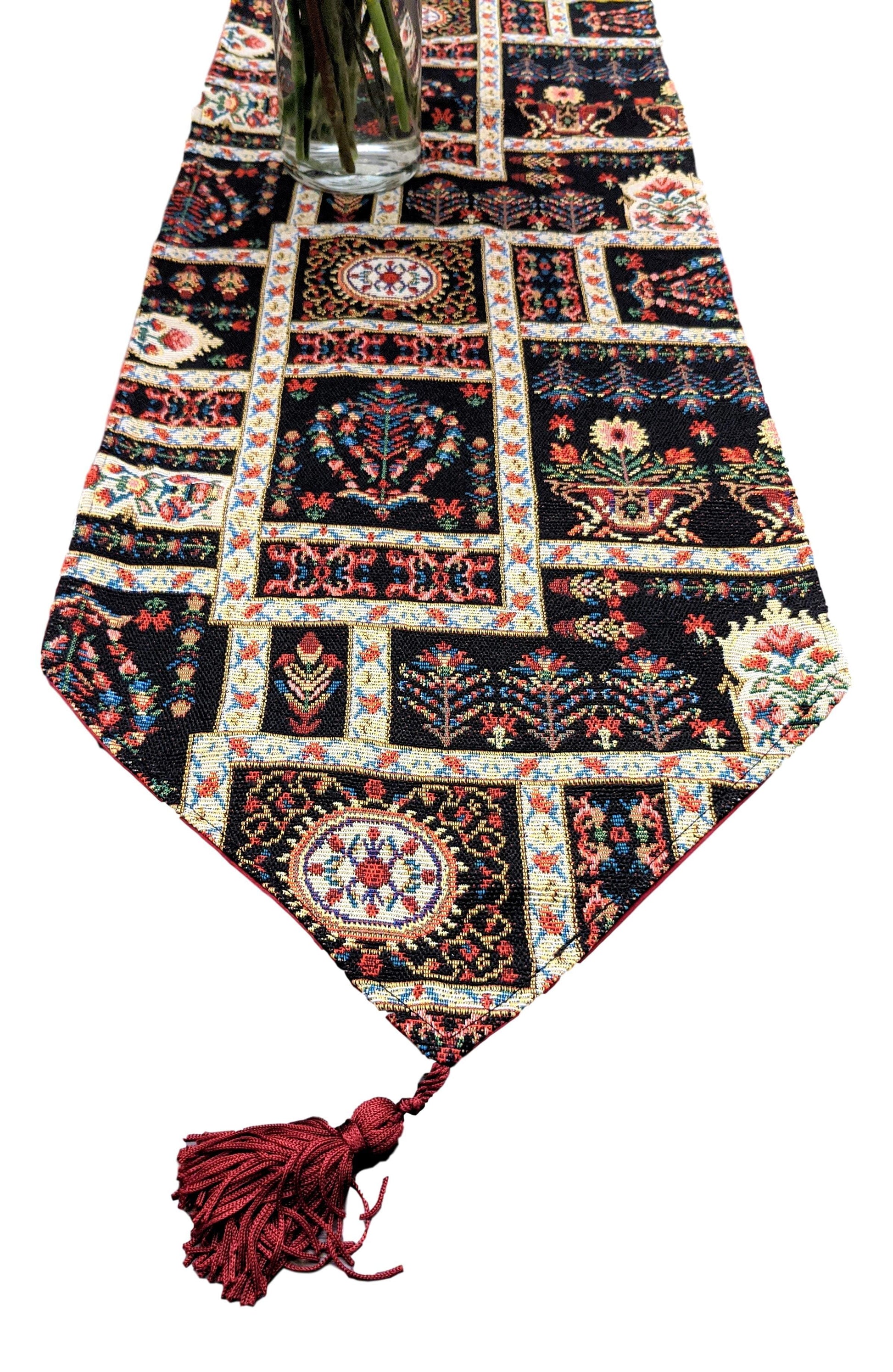 DaDalogy Bedding Elegant Woven Mughal Floral Tapestry Table Runner, Dark Noir Botanical Vintage Fleur (18197)-1
