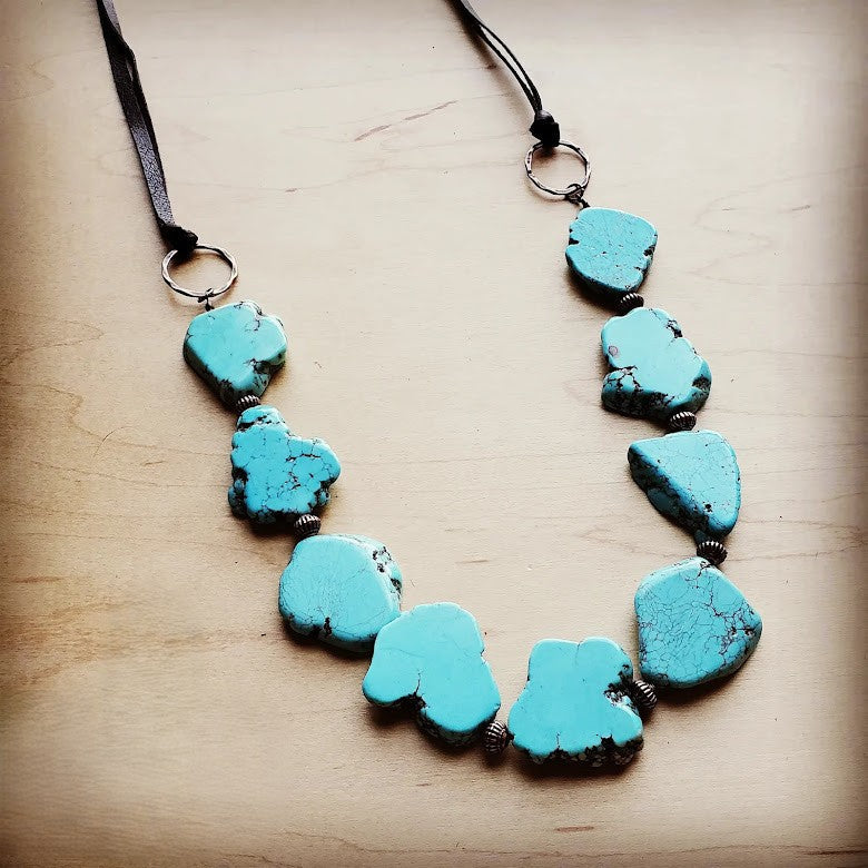 Blue Turquoise Western Slab Necklace with Vegan Leather Ties 235X-2