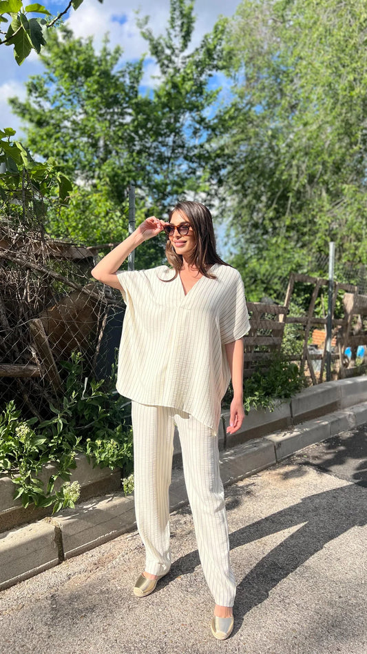 Conjunto túnica escote pico y pantalón en raya crudo-0