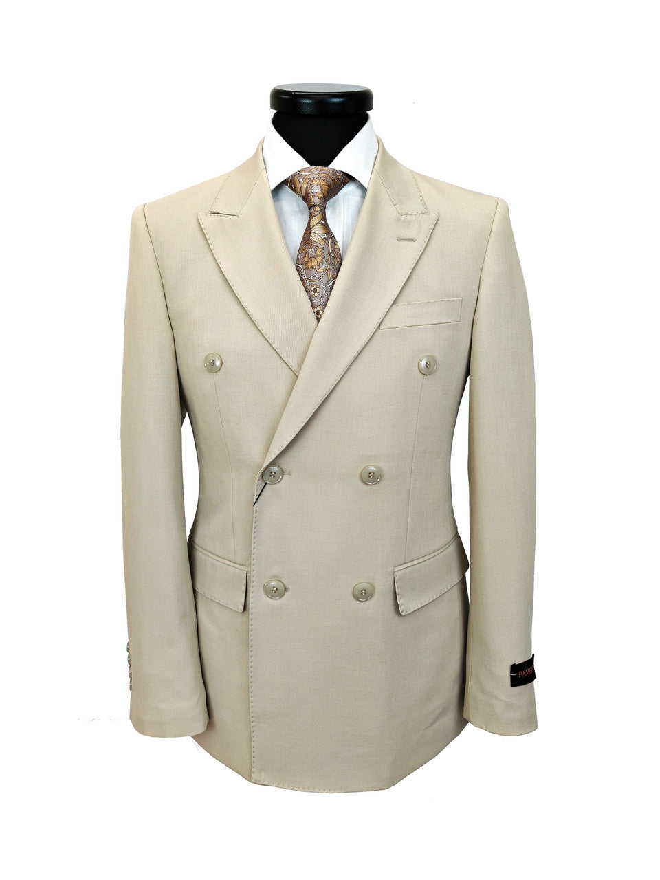 Beige Double-Breasted Slim Fit Suit-1