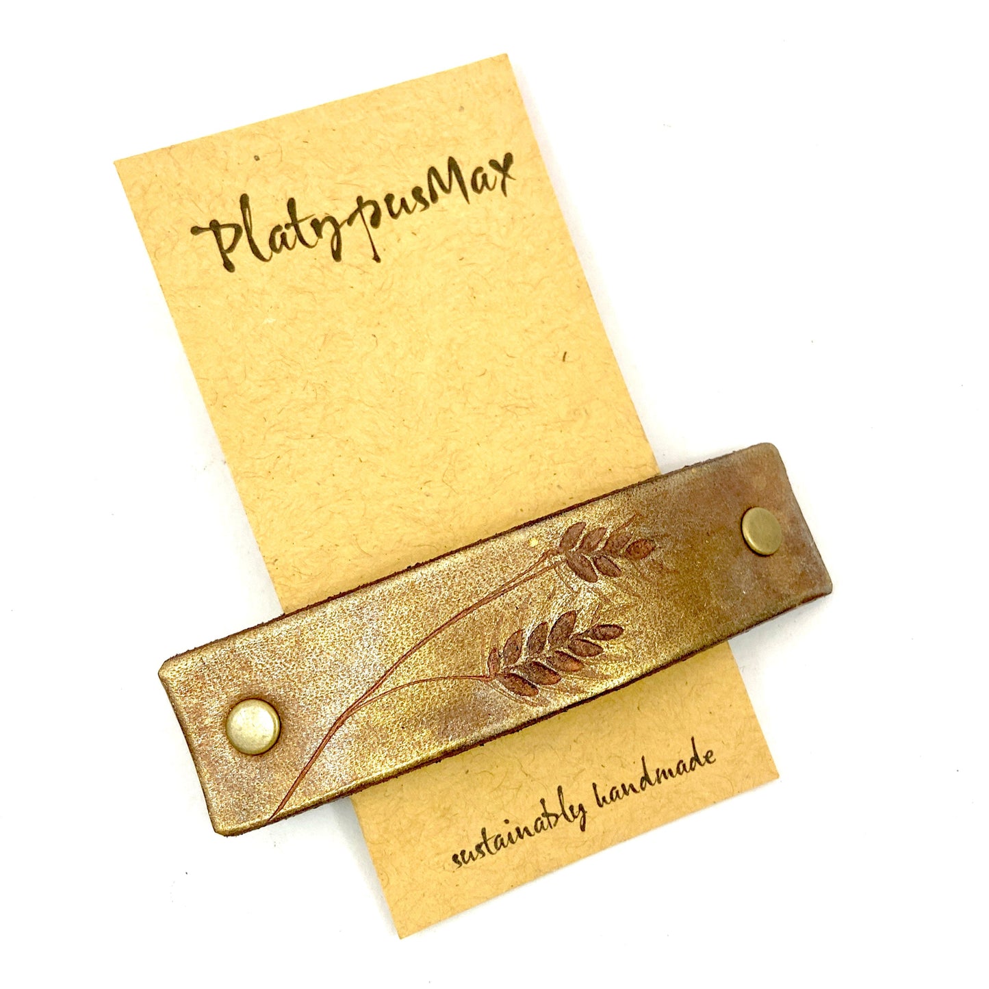 Copper / Rose Gold Wheat Stalk Leather Nature Print Hair Barrette-0