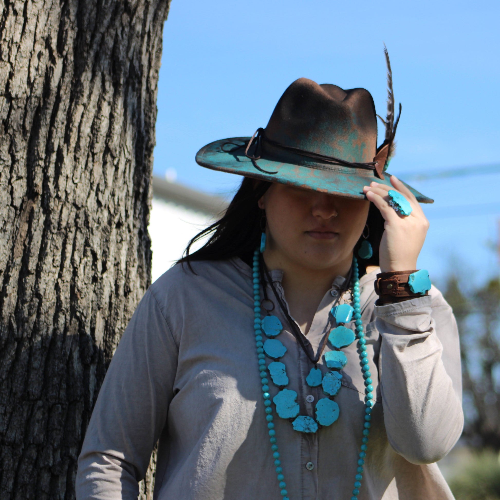 Blue Turquoise Western Slab Necklace with Vegan Leather Ties 235X-1