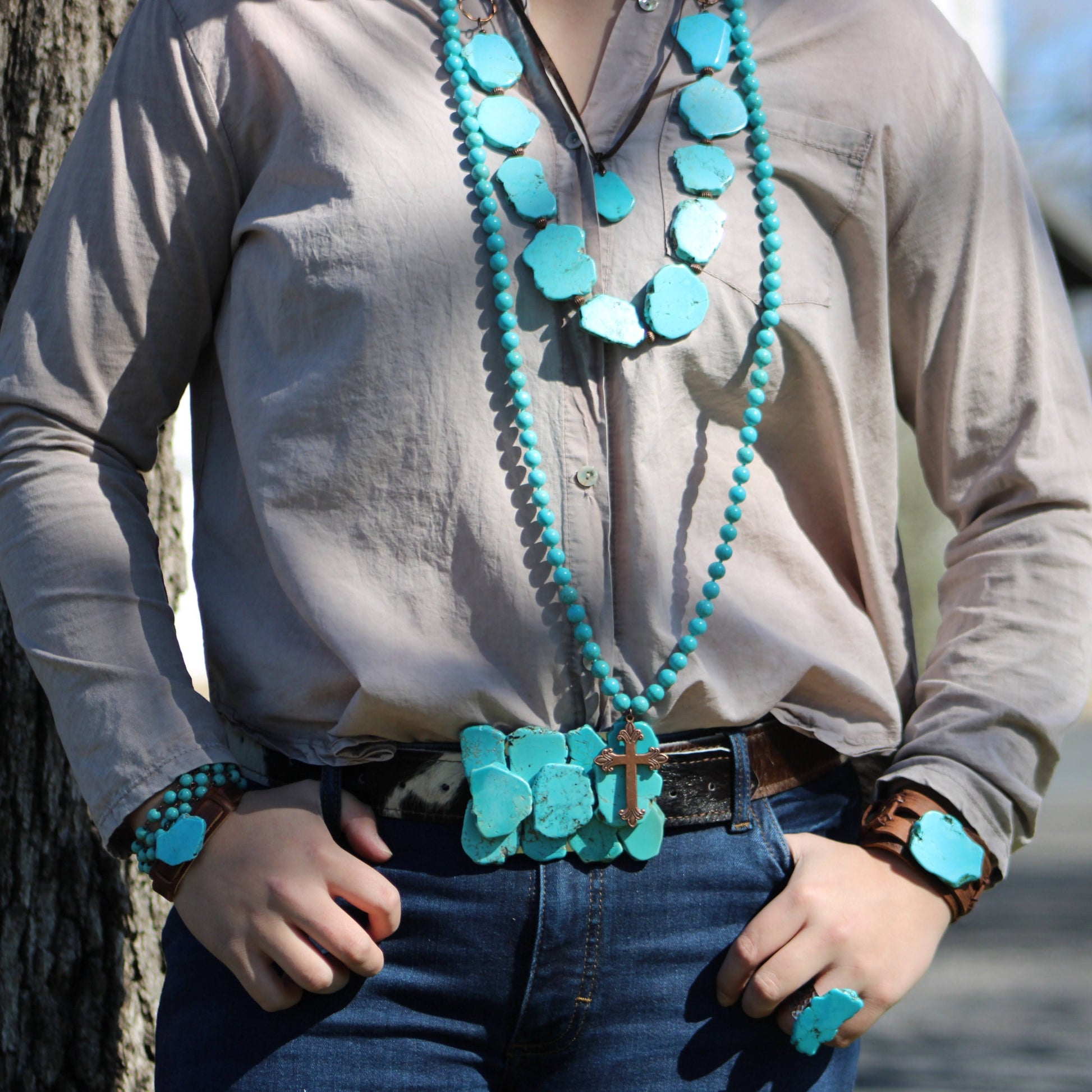 Blue Turquoise Western Slab Necklace with Vegan Leather Ties 235X-3