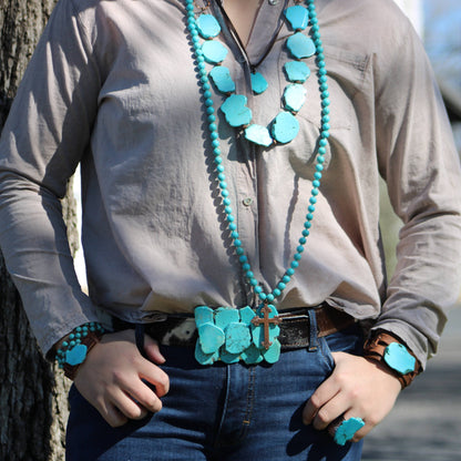 Blue Turquoise Western Slab Necklace with Vegan Leather Ties 235X-3