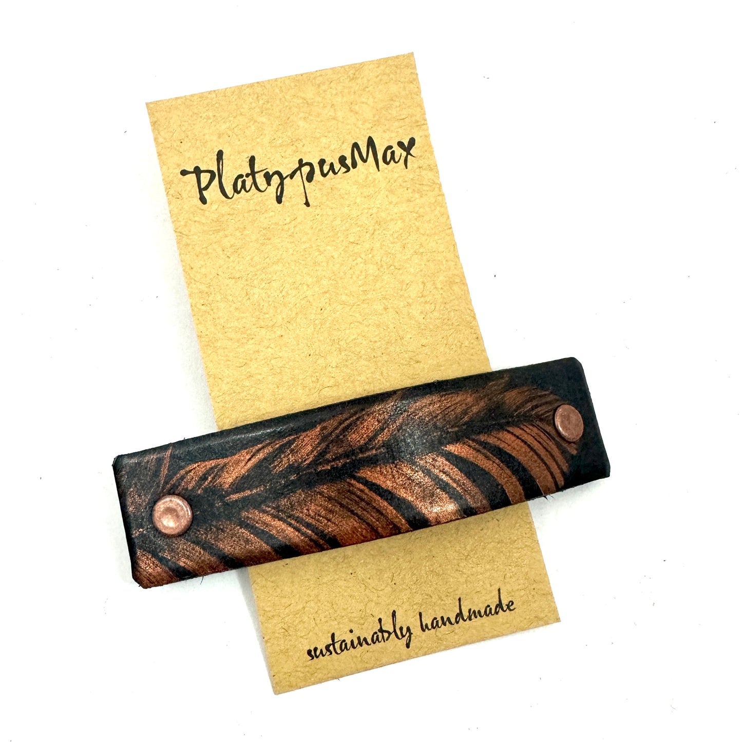 Copper Feather on Black Leather Hair Barrette - Handmade-1