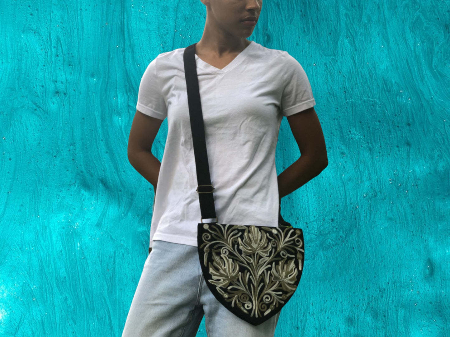 Handmade Suede Embroidered Heart Shaped Bag-0