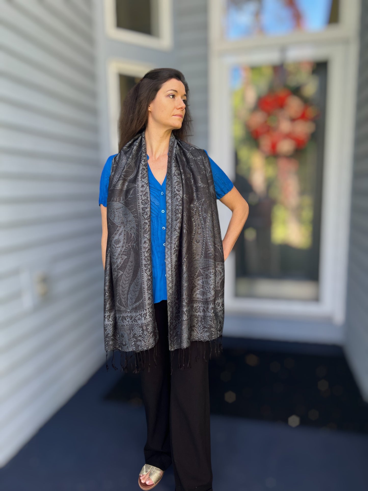 Black and Gray Modal Jamawar Pashmina Scarf-1