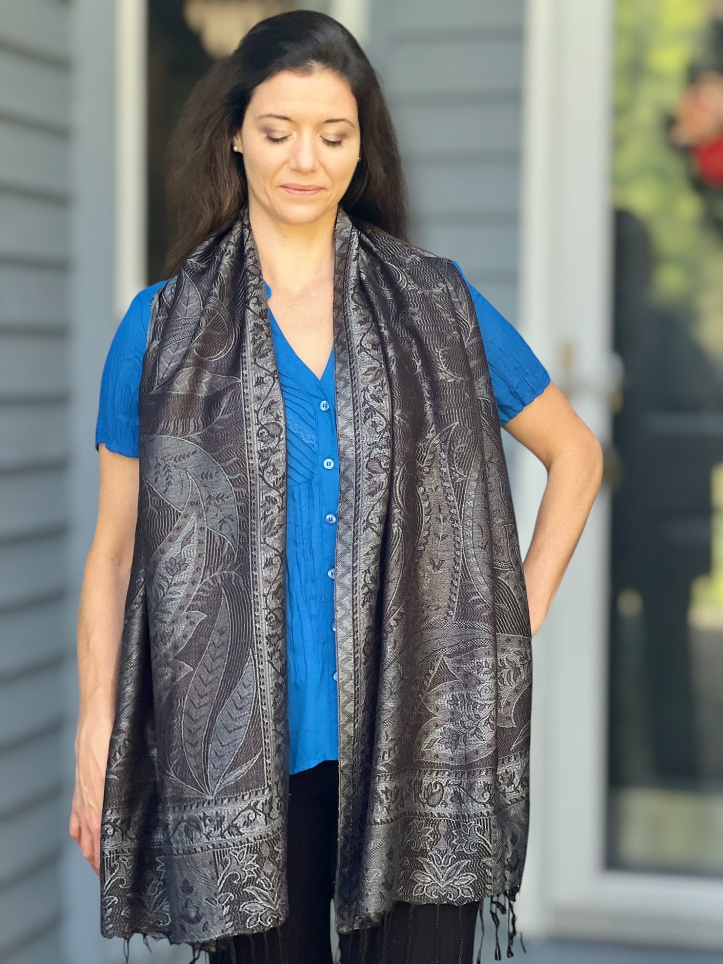 Black and Gray Modal Jamawar Pashmina Scarf-2