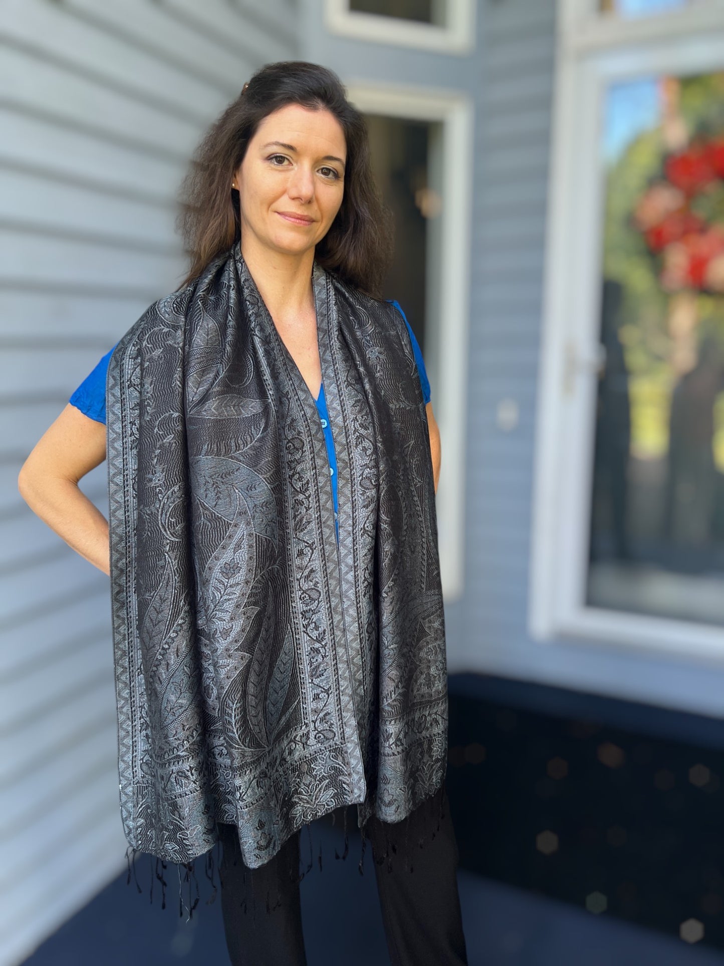 Black and Gray Modal Jamawar Pashmina Scarf-3
