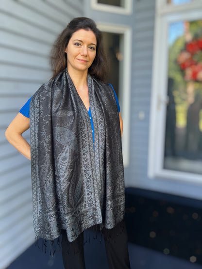 Black and Gray Modal Jamawar Pashmina Scarf-3