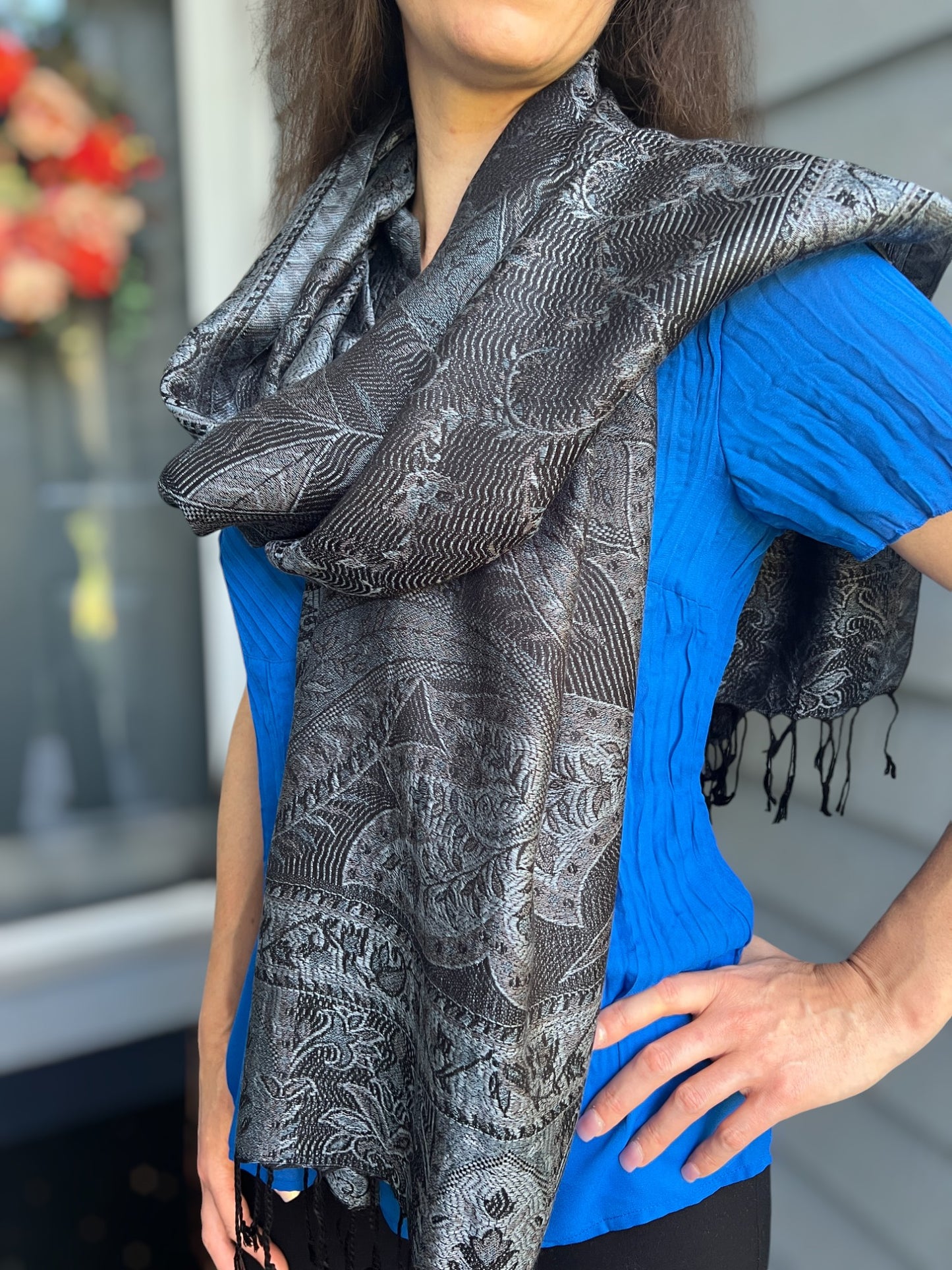 Black and Gray Modal Jamawar Pashmina Scarf-4