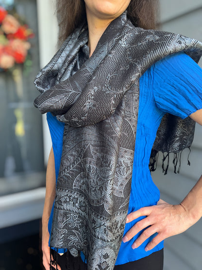Black and Gray Modal Jamawar Pashmina Scarf-4