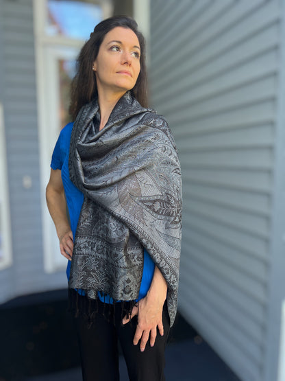 Black and Gray Modal Jamawar Pashmina Scarf-5