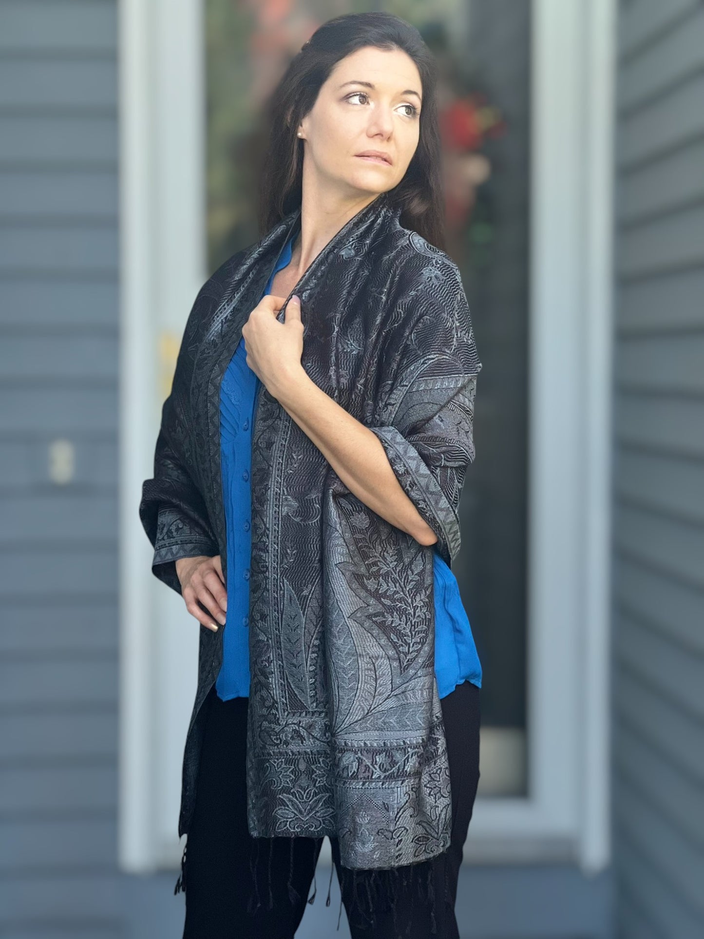 Black and Gray Modal Jamawar Pashmina Scarf-6