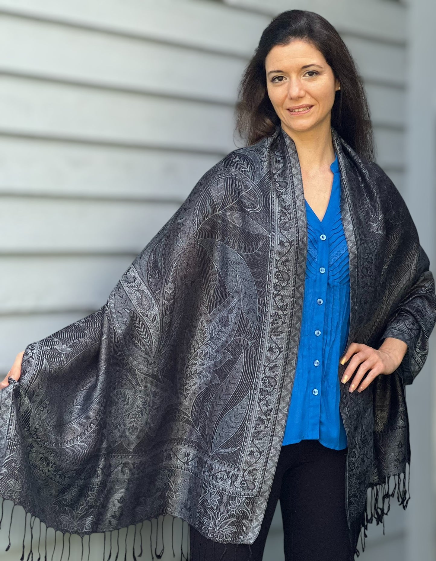 Black and Gray Modal Jamawar Pashmina Scarf-7