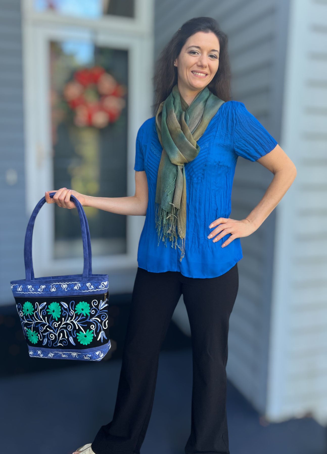 Handmade Black And Blue Suede Embroidered Tote Bag-1