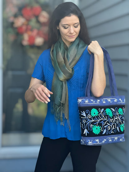 Handmade Black And Blue Suede Embroidered Tote Bag-2