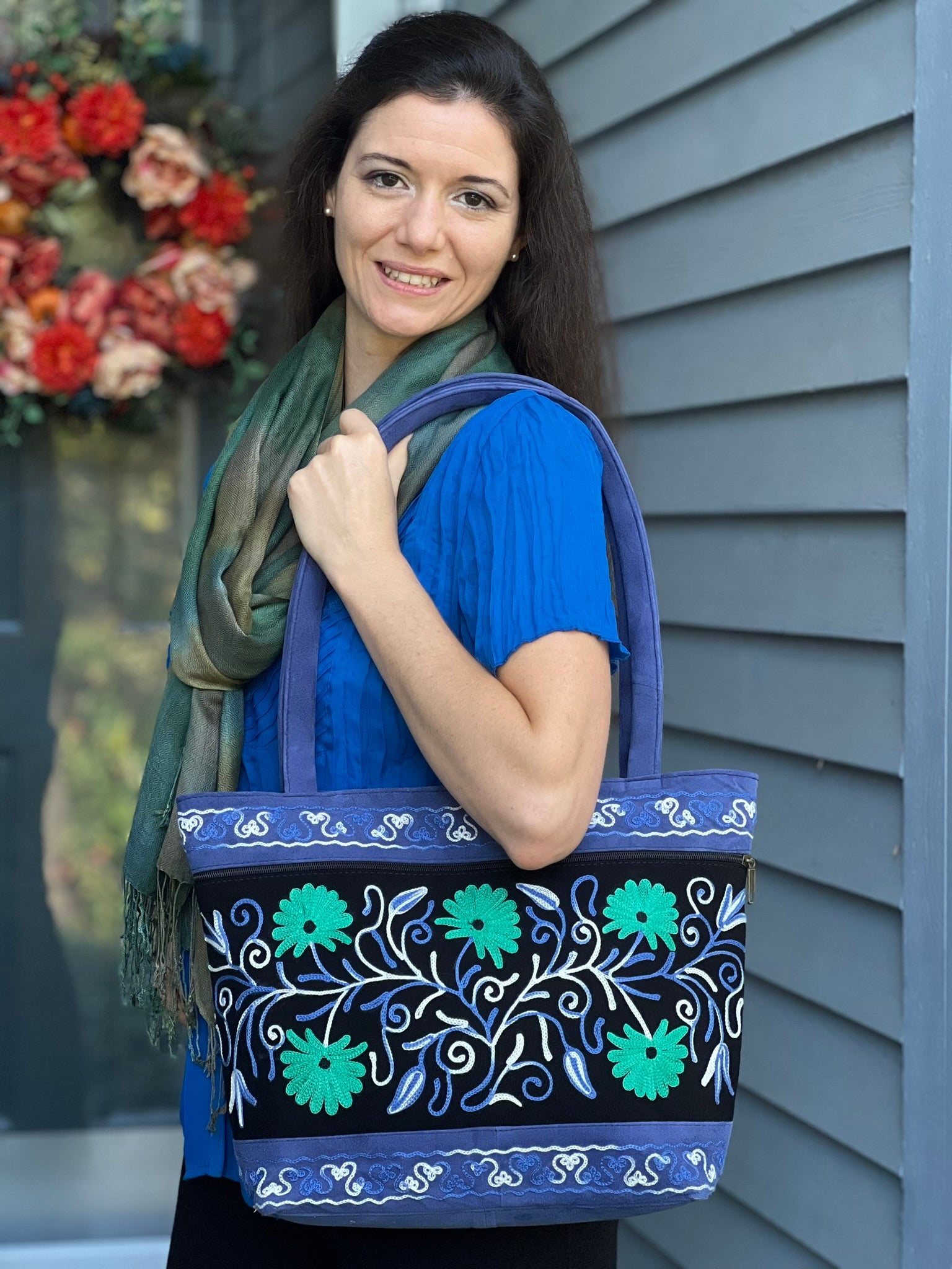 Handmade Black And Blue Suede Embroidered Tote Bag-3