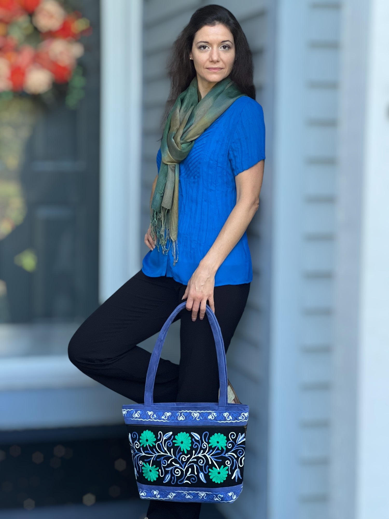 Handmade Black And Blue Suede Embroidered Tote Bag-4