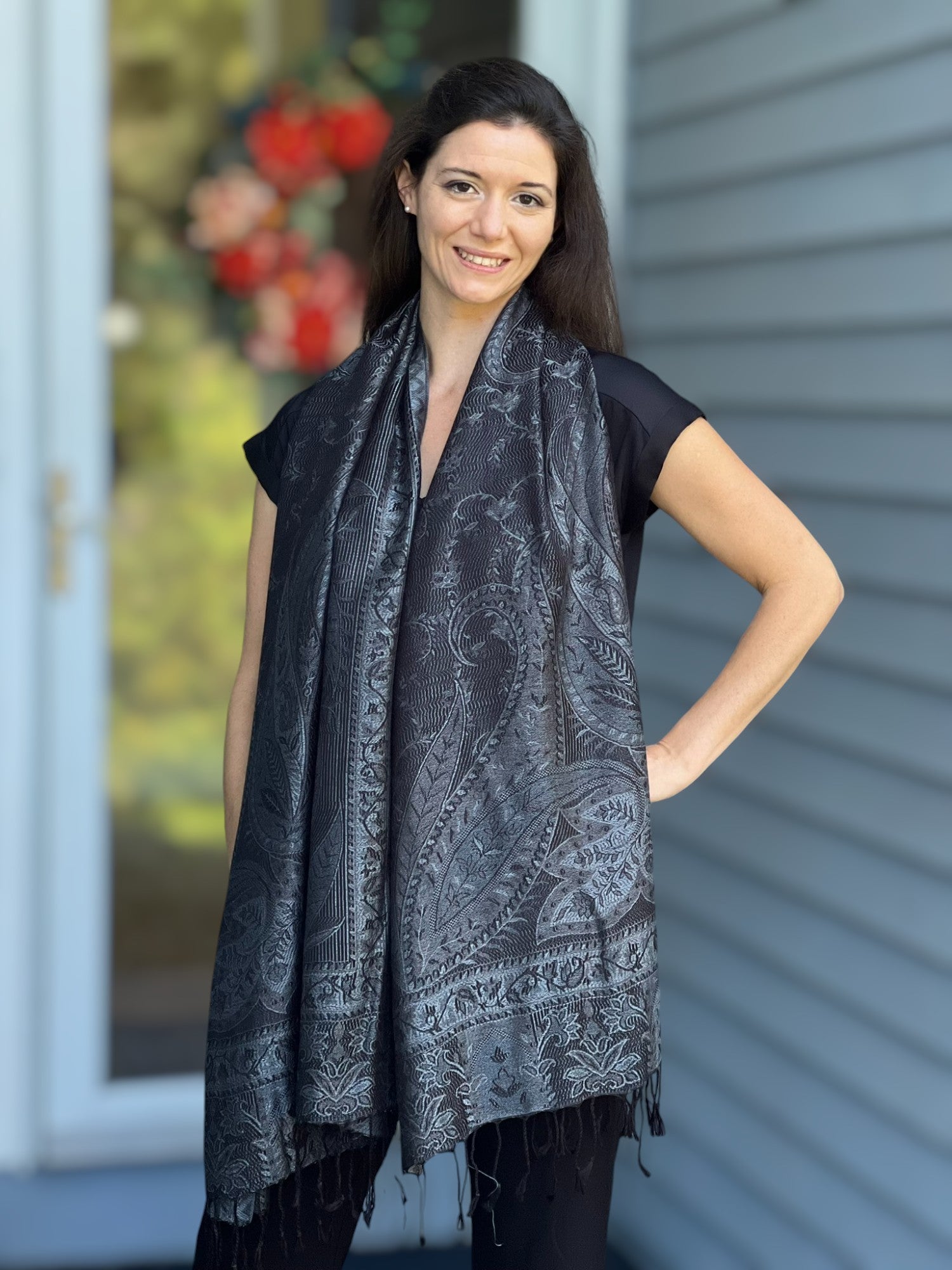 Black and Gray Modal Jamawar Pashmina Scarf-0