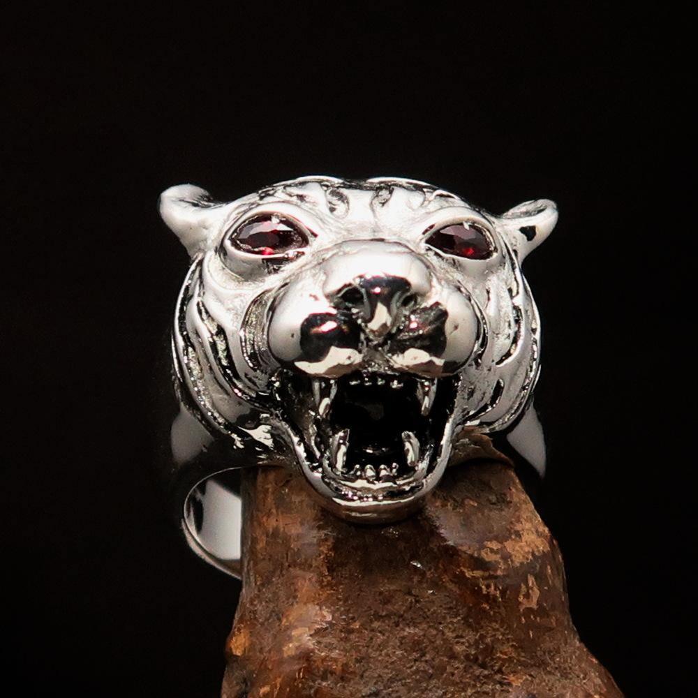 Excellent crafted Men's Tiger Ring red CZ Eyes - Sterling Silver-1