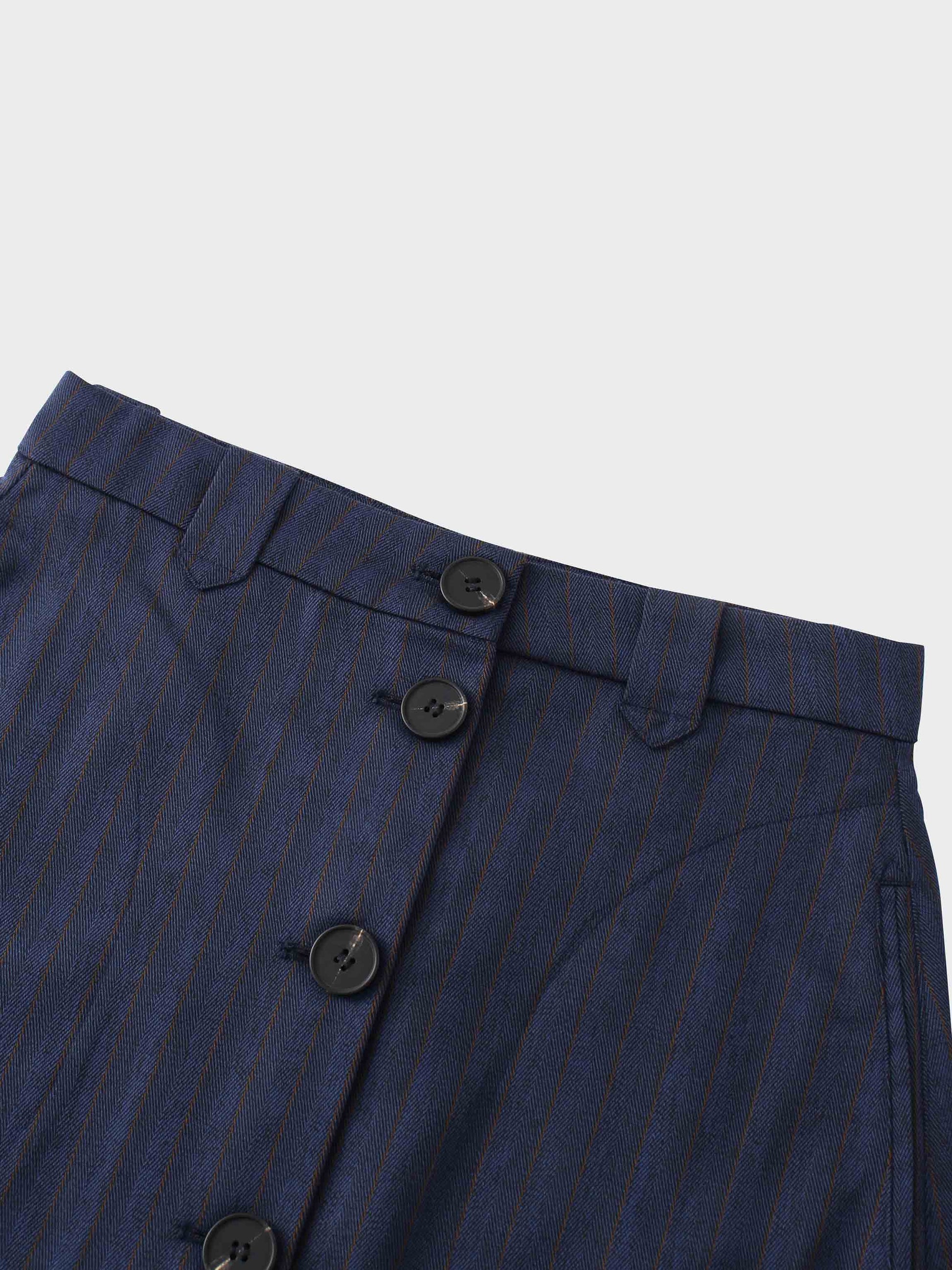 Herringbone Pinstripe Button Down A-Line Skirt-Navy/Brown-2