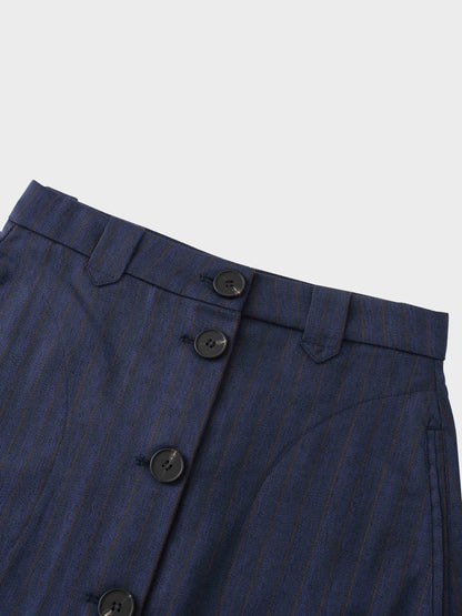 Herringbone Pinstripe Button Down A-Line Skirt-Navy/Brown-2