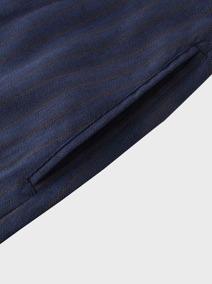 Herringbone Pinstripe Button Down A-Line Skirt-Navy/Brown-4