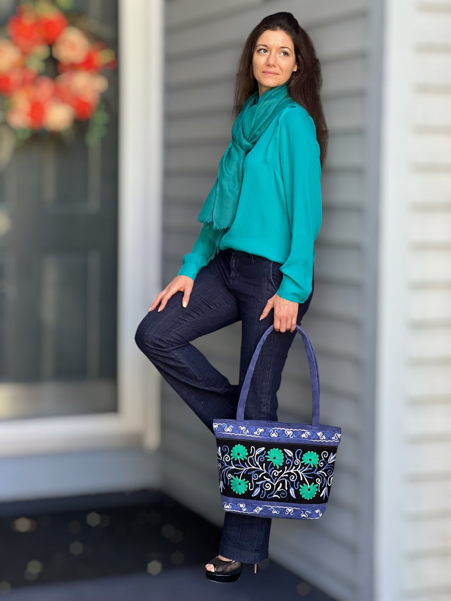Handmade Black And Blue Suede Embroidered Tote Bag-6