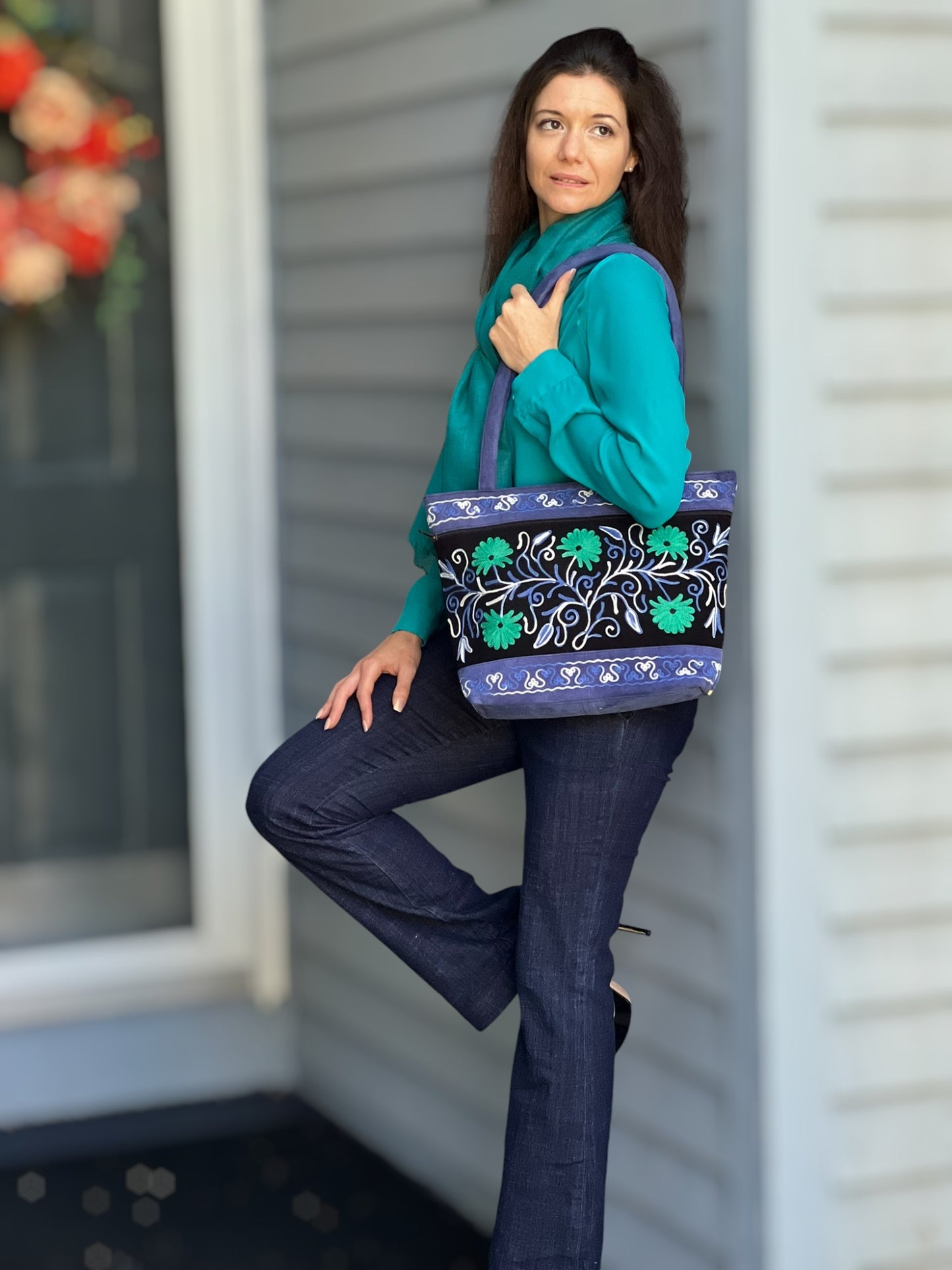 Handmade Black And Blue Suede Embroidered Tote Bag-7